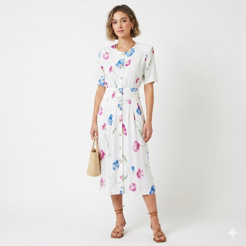 Vintage 90s Mark Edwards Floral Button Front Midi Derby Dress White 10